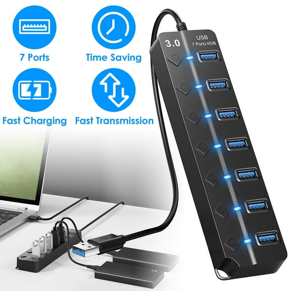 7-Port USB 3.0 Hub Moclever USB  Hub Splitter High Speed 5Gbps USB Data Expander with Separate ON OFF Switch for PC Computer