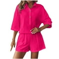 thumbnail image 2 of PIWHJQK Women Summer Outfits Set Loose Collared Set Women Solid Color Shirt Set Loose Style Collared Sleeve With Pockets Casual Wear Outfits Set, 2 of 5