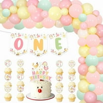 96Pcs Chicken Themed 1st Birthday Party Decorations Cute Chick Hen Highchair Banner Cake Topper Yellow Green Pink Balloon Garland Arch Kit for Baby Boy Girl Farm Themed 1st Birthday Party Supplies