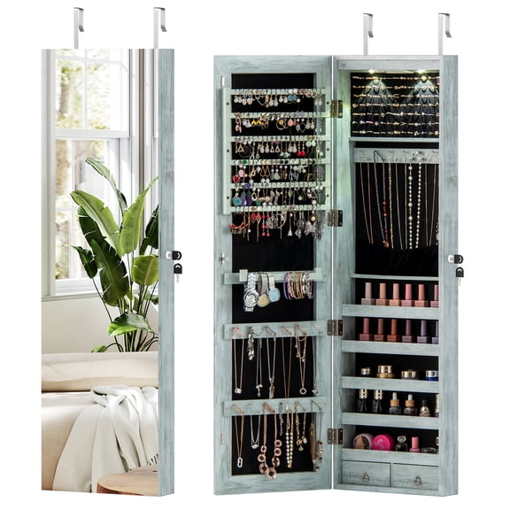 Gymax Mirrored Wall & Door Mounted Jewelry Cabinet Storage Organizer W/ Lights Navy
