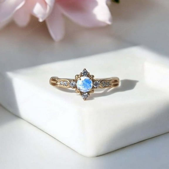 SHREENATHJEWELRY 6MM / 2CT Round Shape Natural Moonstone Ring Vingae Rose Gold Plated Ring CZ Diamond Proposal Jewelry Happy Holiday Gift For Daughter