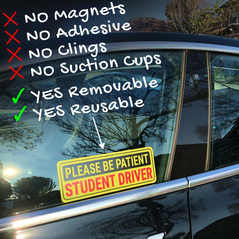 Power Clings - Reusable & Removable Student Driver Sticker - Non-Magnetic  New Driver Sign - Works On All Cars & Windows (4-Pack) 