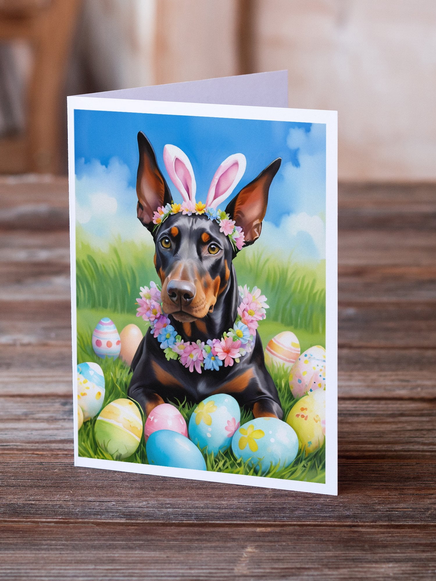 Doberman Pinscher Easter Egg Hunt Greeting Cards Pack of 8 7 in x 5 in