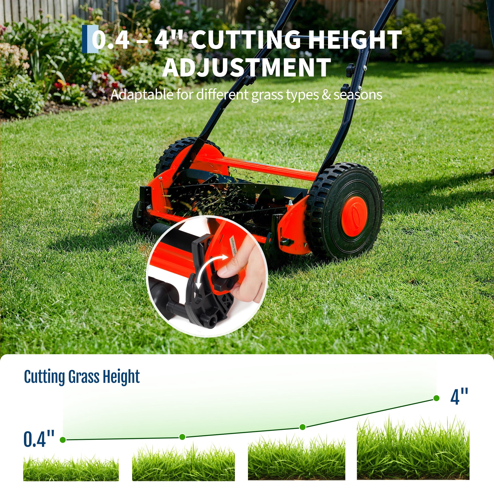 Garvee 16-Inch Manual Reel Lawn Mower, 5-Blade Hand Push Grass Cutter, Adjustable Cutting Height, Lightweight, for Small to Medium Yards, Red