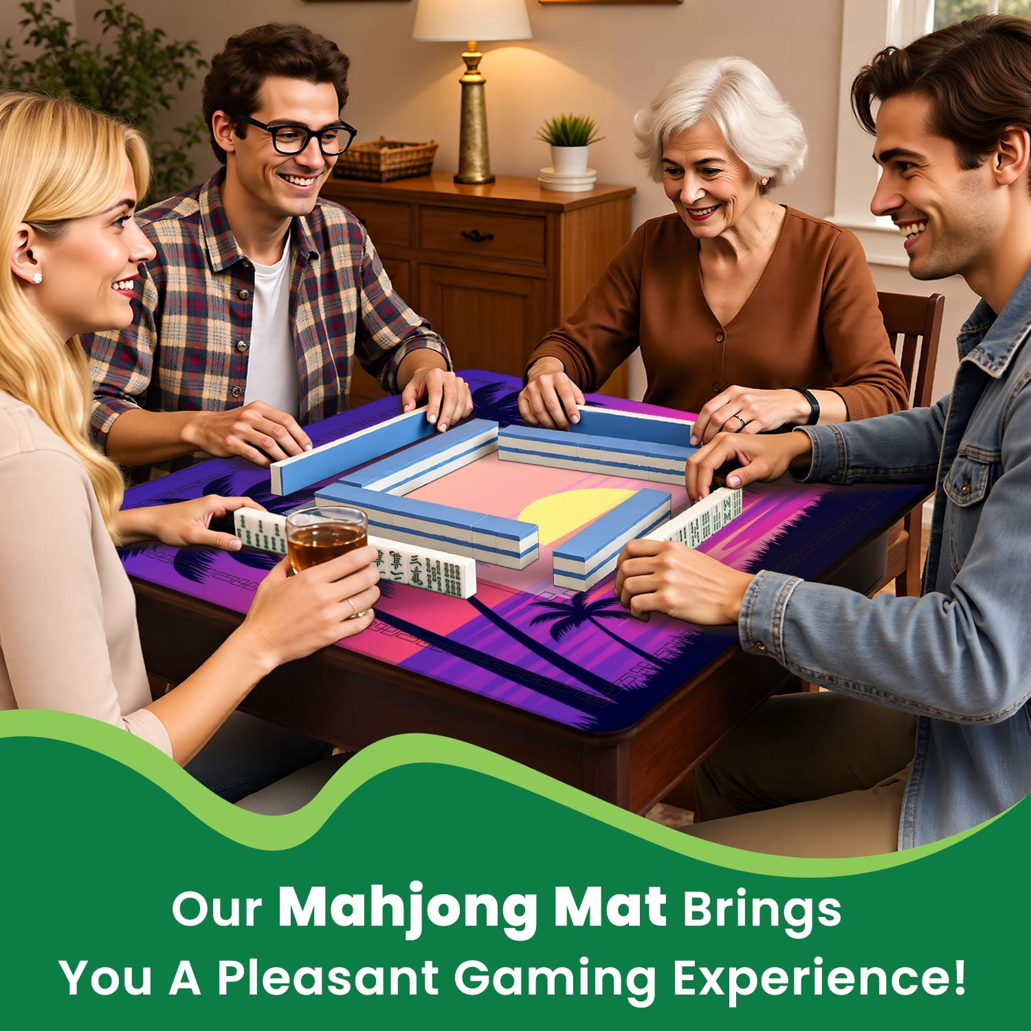 Mahjong Mat 31.5" x 31.5" sunset palm trees trendy purple california vintage Non-Slip Noise Reduction American Mahjong Tiles Table Cover for Dominoes Poker Card Board Games Gift