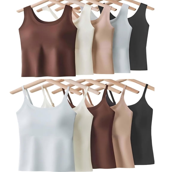 Tqcoqu Plus Size Tank Tops with Built in Bras for Women Spaghetti Strap Camisole Casual Padded Sleeveless Ribbed Shirts,Black,Women's M-XXXXL