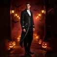 thumbnail image 2 of Mens Tailcoat Gothic Tuxedo Steampunk Jacket, Medieval Halloween Costume with Gold Trim, Retro Victorian Frock Coat for Cosplay Party 1 Pcs Black L, 2 of 3