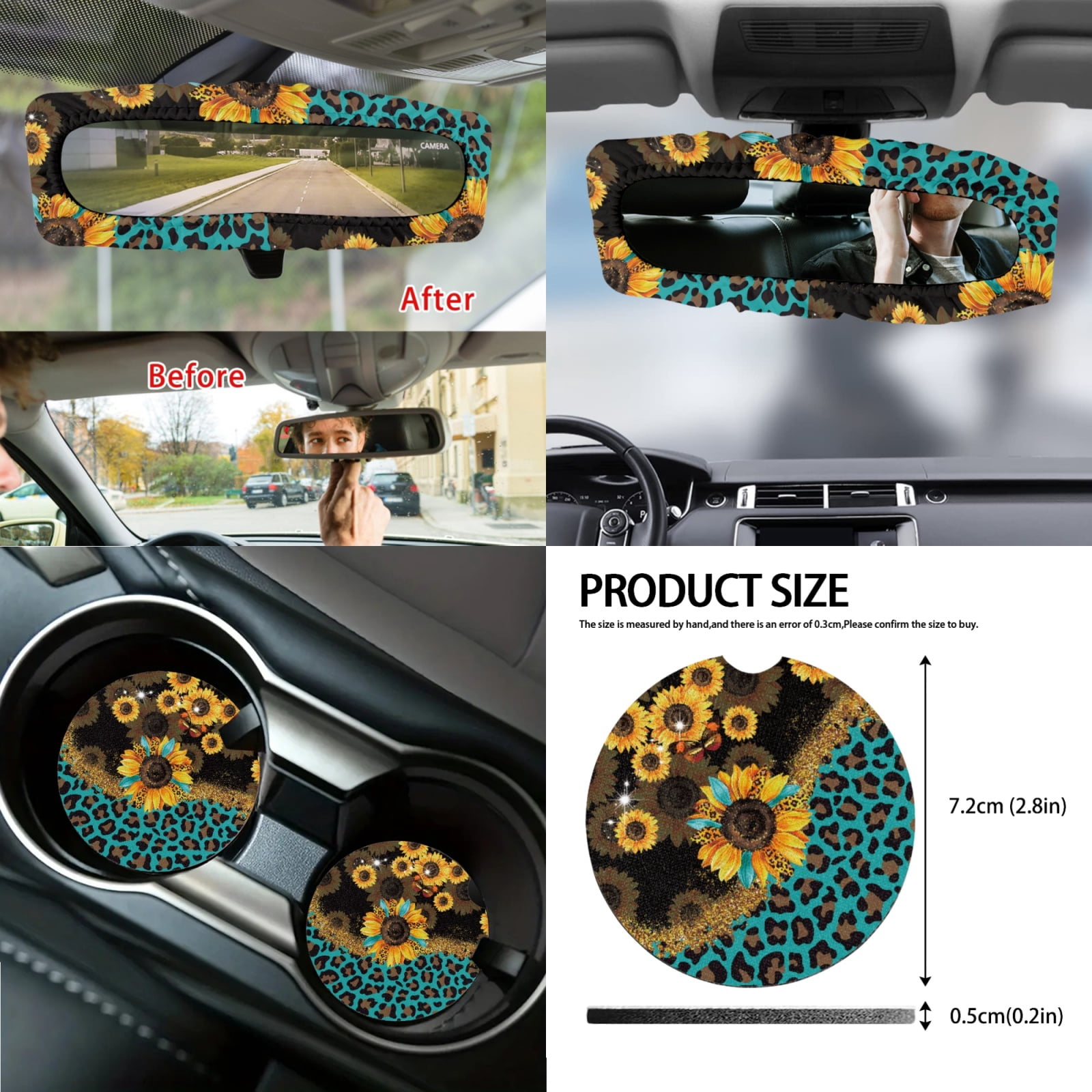 Jeiento Sunflower Car Seat Covers Front Rear Full Set Steering Wheel Cover Seat Belt Pads Coasters Waste Bin Leopard Print Armrest Cover Cup Holders Rearview Mirror Cover Handbrake Cover Set, 14 PCS