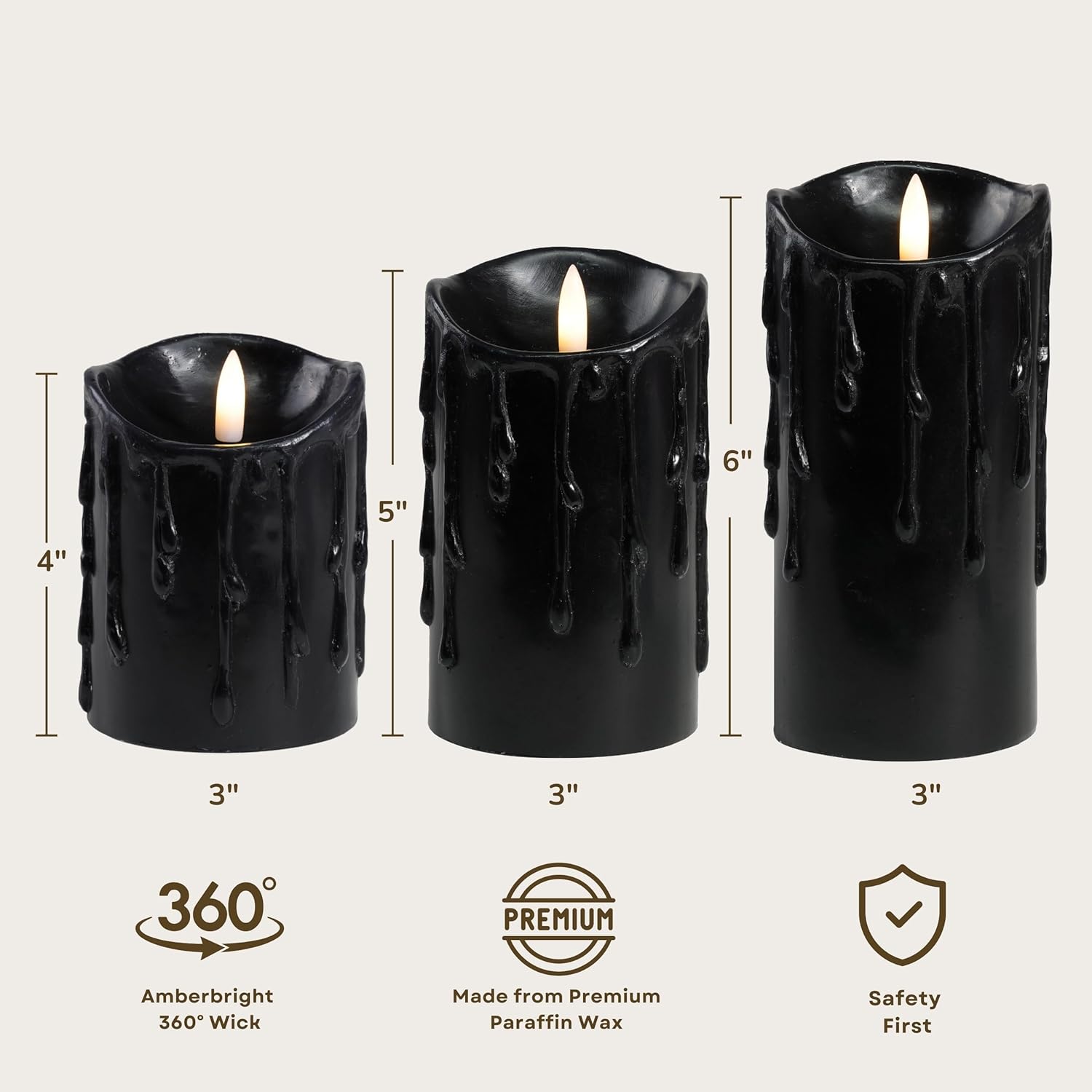 LumiPur Essentials Natural Glow Flameless Flickering Wax Drip Halloween Pillar 3 Pack LED Candles (3" x 4" 5" & 6") (Black, 3 Pack - 3" x 4" 5" & 6")