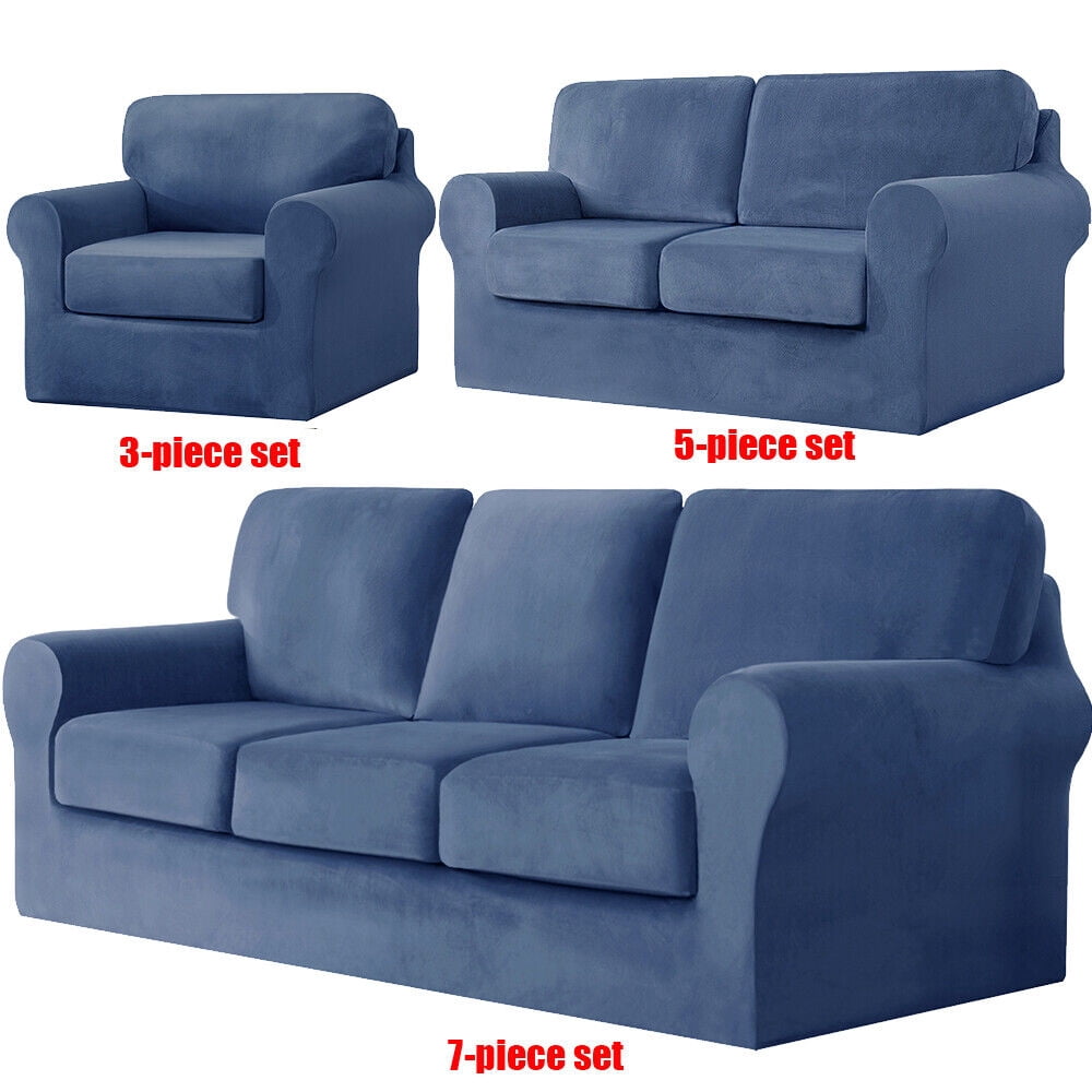 TOPCHANCES 3-Pieces Armchair Sofa Covers, Velvet Stretch Couch Slipcovers for 1 Cushion Sofa, Anti-Slip Furniture Slipcover with Separate Cushion Covers and Backrest Covers (Denim Blue)