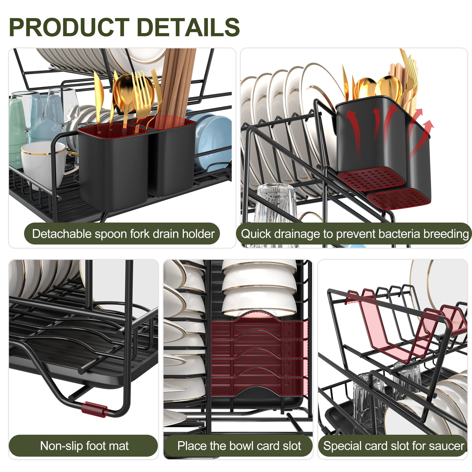Home Shark 2 Tier Dish Drainer Rack Set, White Counter Rust-Resistant Draining  Dish Rack Drainer for Kitchen 
