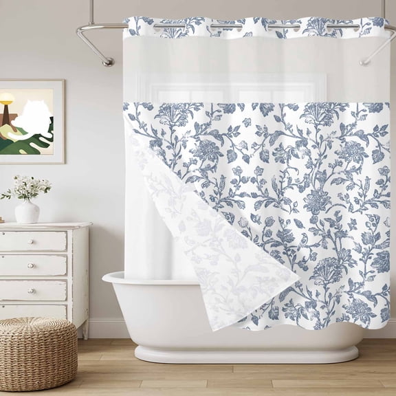 No Hook Shower Curtain with Snap in Liner, Vintage Farmhouse Flowers Curtain Set See-Through Top Double Layers Pastoral Blue Floral Shower Curtains for Bathroom Decor, 72x72in