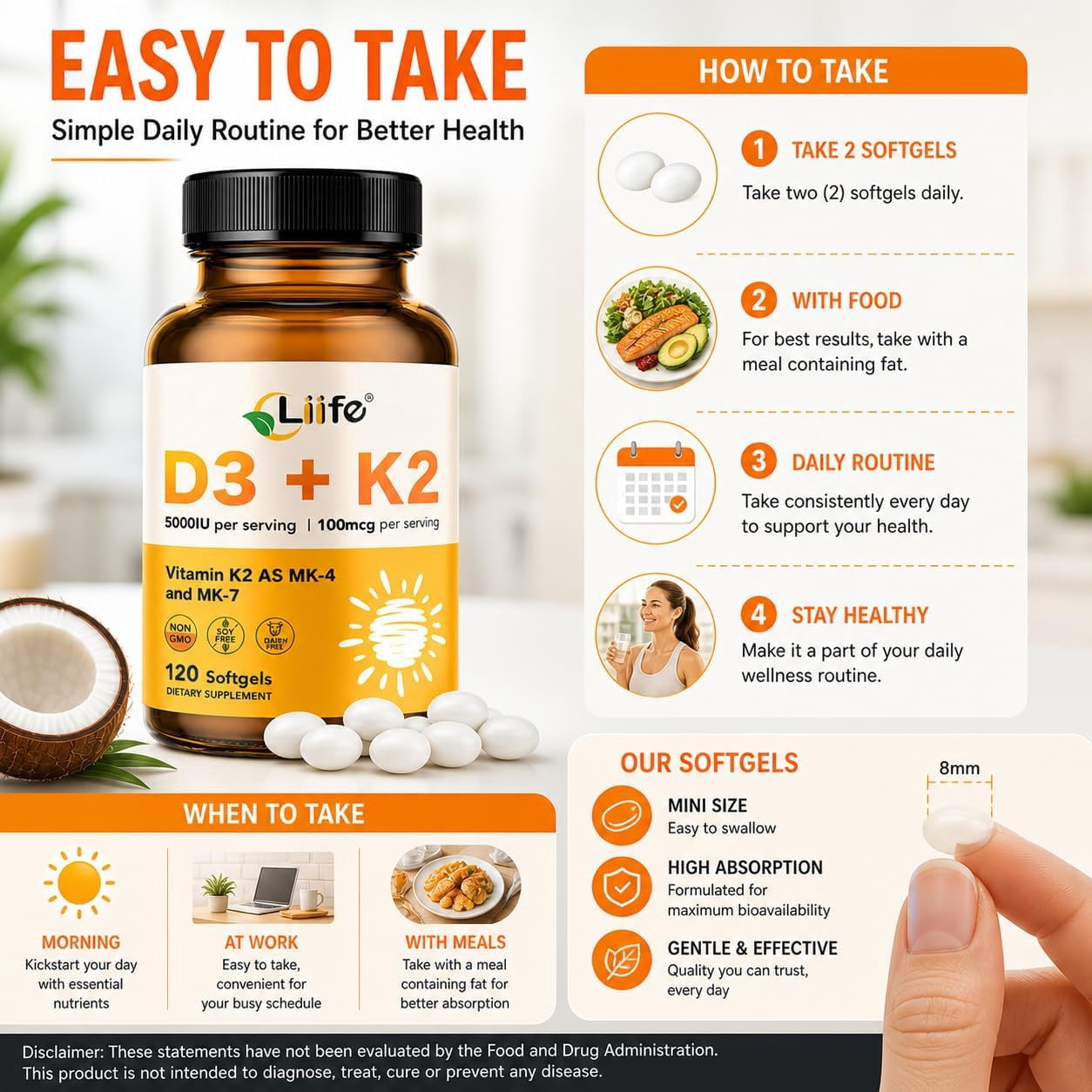 Liife Vitamin D3 K2（MK7+MK4） Supplement 5000IU with Organic Extra Virgin Coconut Oil - Supports Calcium Absorption, Bone & Immune Health- Non-GMO 120 Softgels