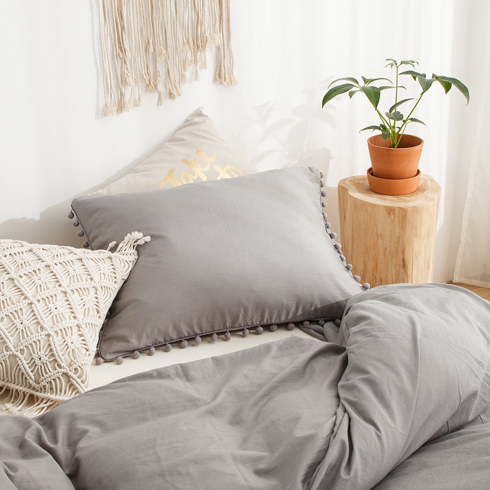 Move Over Light Grey Pom Poms Pillowcases Queen, Grey Pillowcases Set of 2, 100% Washed Microfiber
