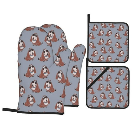 

Oven Mitts and Pot Holders Sets 4 pcs - Cute cartoon Dog Heat Resistant Silicone Oven Gloves with Non-Slip Silicone Surface and hot pads for kitchen Baking Cooking BBQ