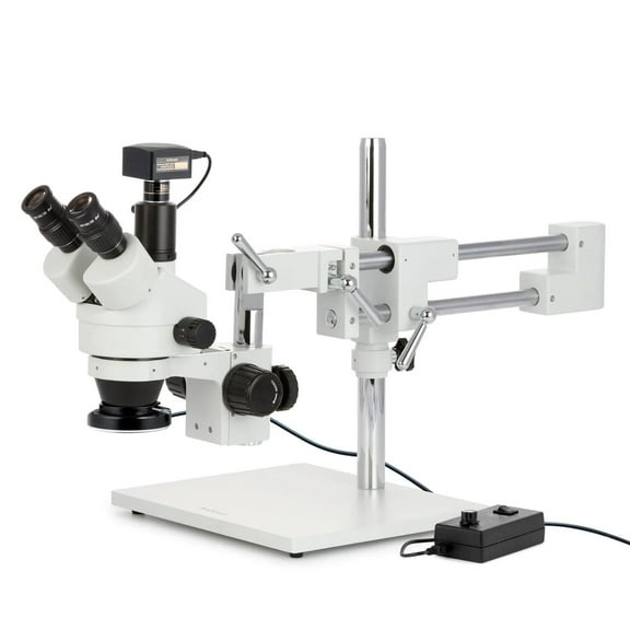 AmScope 3.5X-90X Simul-Focal Stereo Zoom Microscope on Boom Stand with 144-LED Ring Light and 10MP USB3 Camera