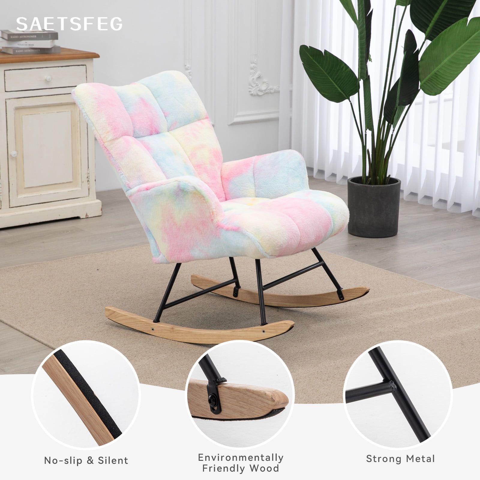 Nursery Rocking Chair, Upholstered Glider Rocker with High Backrest, Comfortable Stylish Accent Armchair with Padded Seat for Living Rooms, Bedrooms, Offices