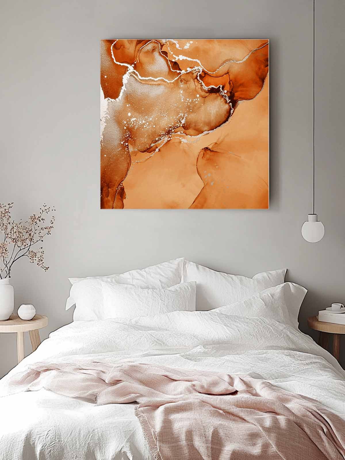 Burnt Orange Abstract Canvas Wall Art, Silver Marble Ripples Luxury Fluid Art Framed Wall Decor Modern Artwork Prints Painting for Living Room, Bedroom, Kitchen & Cafe Decor 16x16 Inch