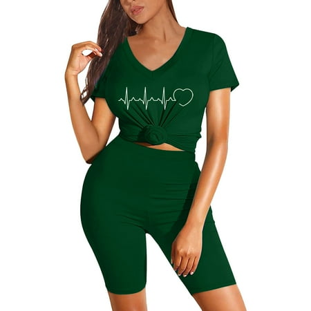 OJSFQUFP Womens Matching Sets Summer Green Women s Two Piece Outfits for Women Short Sleeve V Neck Shorts Set Short Matching Clothing Set Summer Casual Suit M