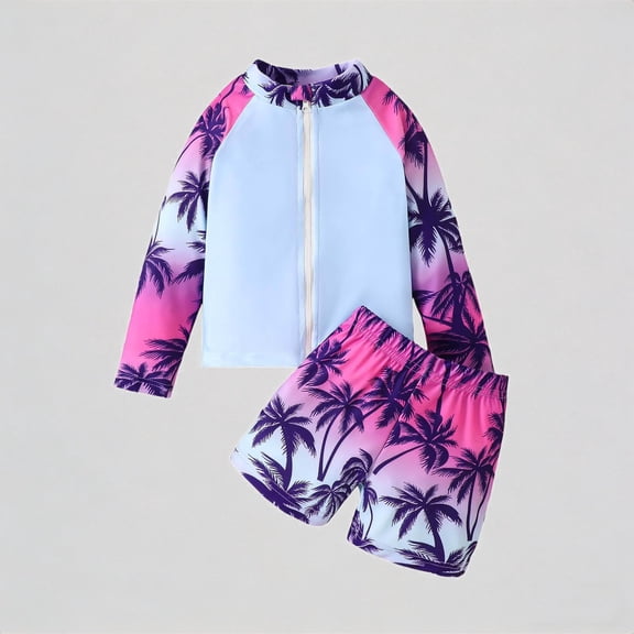 REDARER Boys UPF 50 Two Piece Swim Set, Long Sleeve Zip Up Rash Guard with Dinosaur Print & Matching Swim Trunks for Beach Pool Swimming,5-6 Years