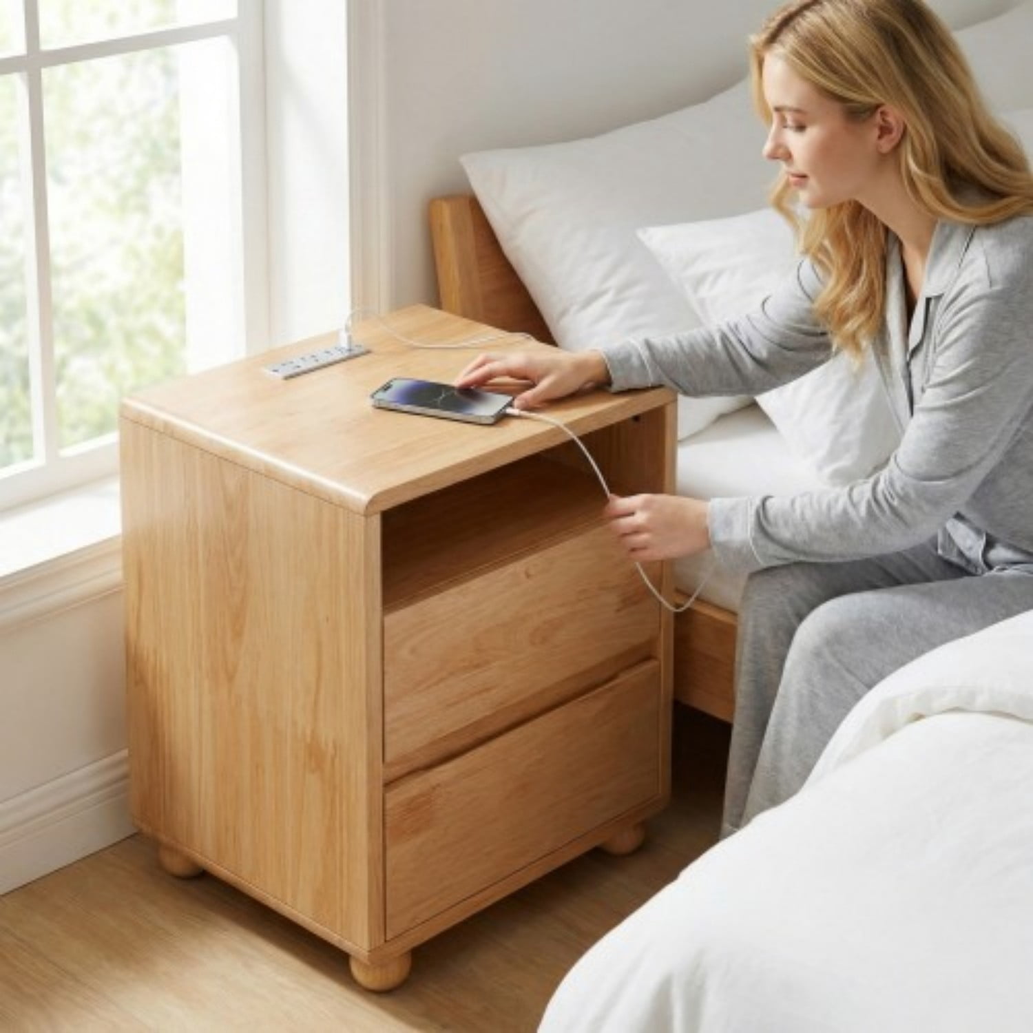 20" Modern Nightstand with Charging Station, 2 Drawers and Open Shelves, Solid Wood Bedside Table with Curved Design, Mid Century Side Table for Bedroom, Living Room, Natural
