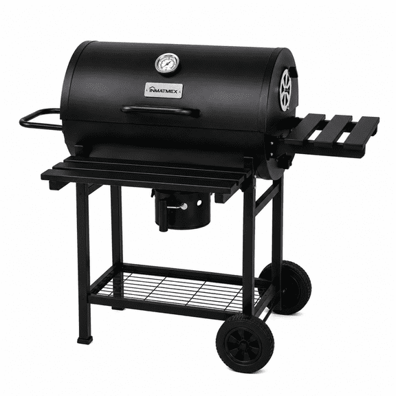 Asador tipo Barril a Carbón INMATMEX Negro con Tapa  Termómetro Ventilación Ajustable y Cenicero.