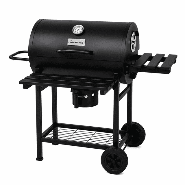 Asador tipo Barril a Carbón INMATMEX Negro con Tapa Termómetro Ventilación Ajustable y Cenicero.