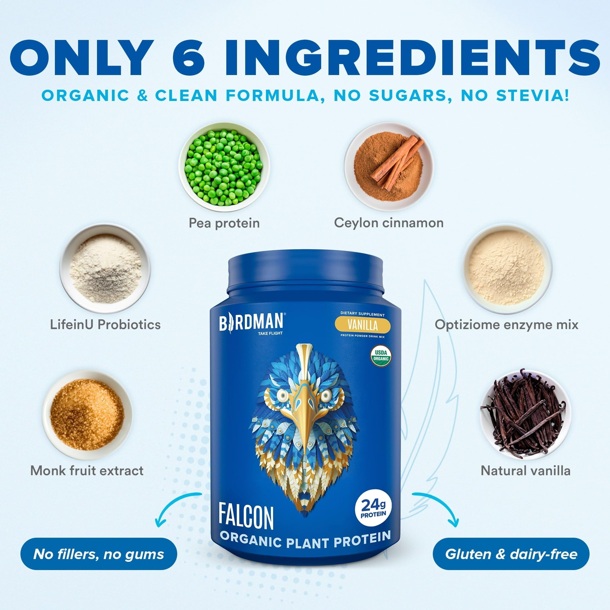 BIRDMAN Falcon Organic Vegan Protein Powder, Stevia & Sugar Free, Vanilla, 37 Servings, 2.64lb