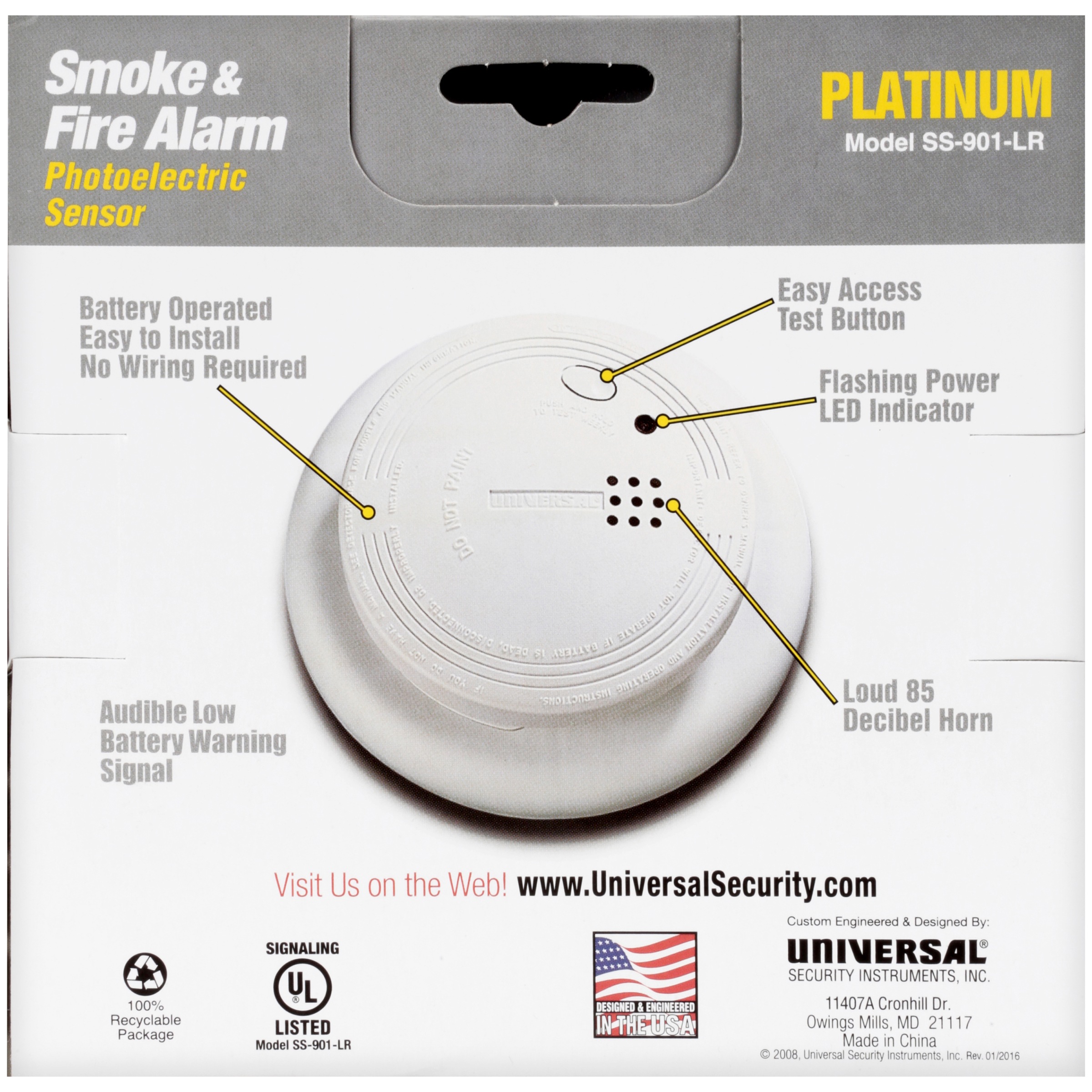 USI SS-901-LR-6P PHOTELECTRIC SMOKE & FIRE ALARM DC 9 VOLT - image 4 of 6