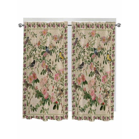 Beige Spring Floral Bathroom Window Curtain, Elegant Pastoral Flowers Birds Watercolor Light Filtering Coffee Kitchen Curtains, Bedroom Living Room Curtains 2 Panel 84"x63"