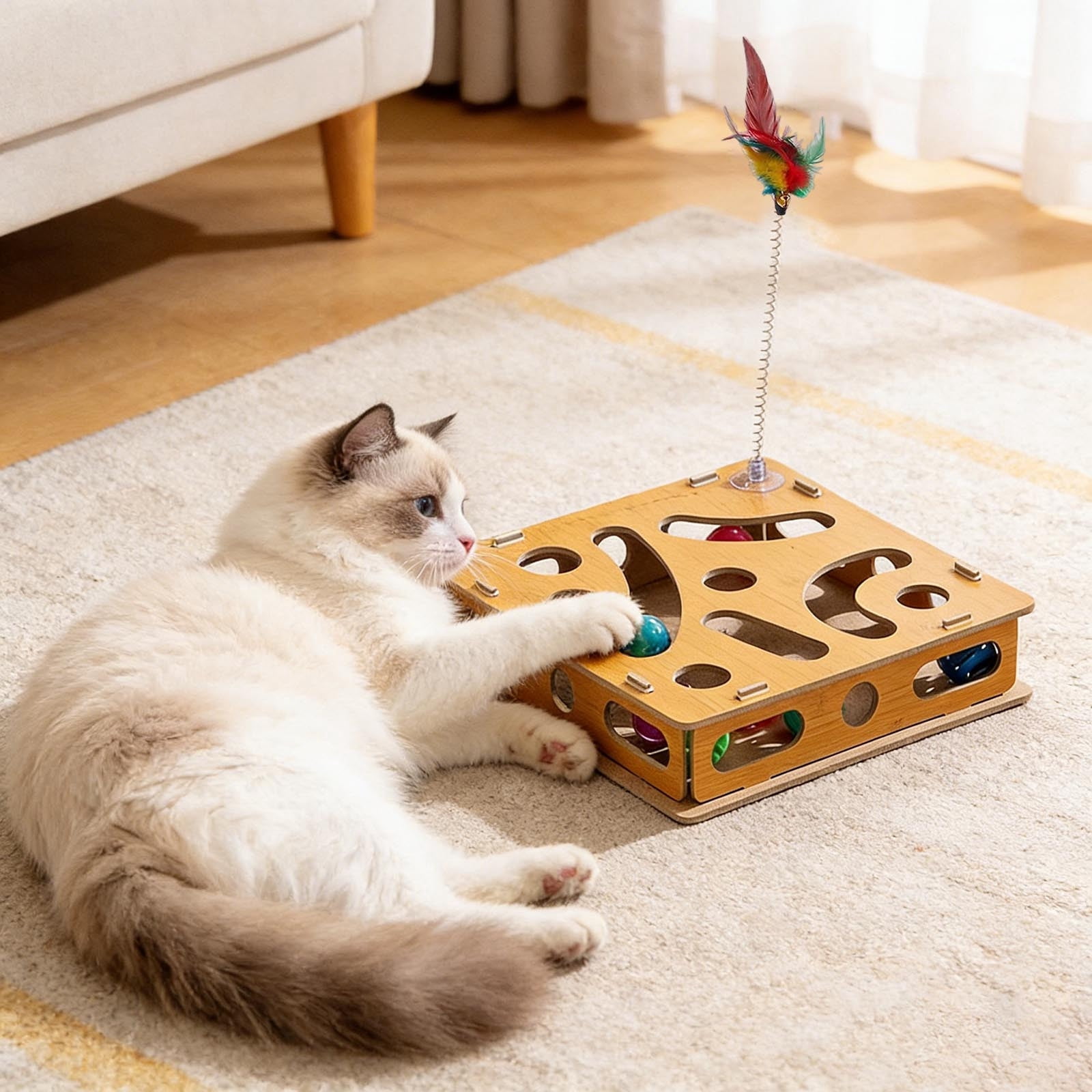 Interactive Cat Enrichment Puzzle Toy with Nail Trimming Sandpaper Board for Indoor Feline Entertainment and Stress