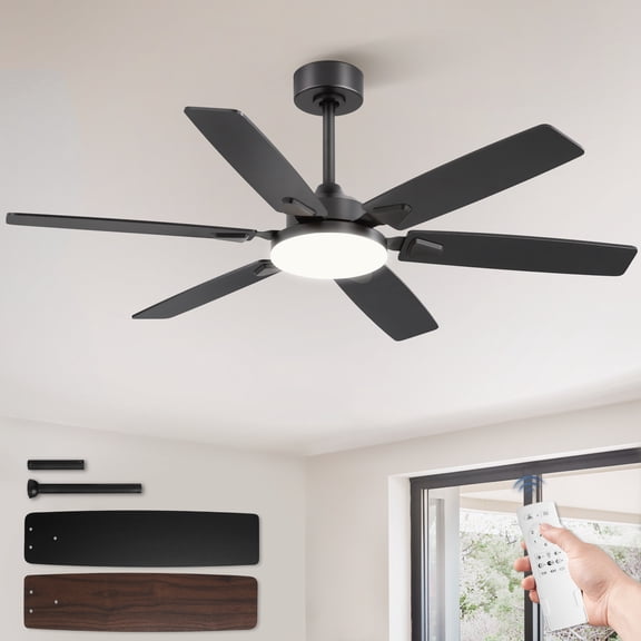 Lokivas 52in Ceiling Fans with Light and Remote Control, Modern Ceiling Fan with 6 Speeds and 6 Reversible Blades for Indoor, Living Room, Black