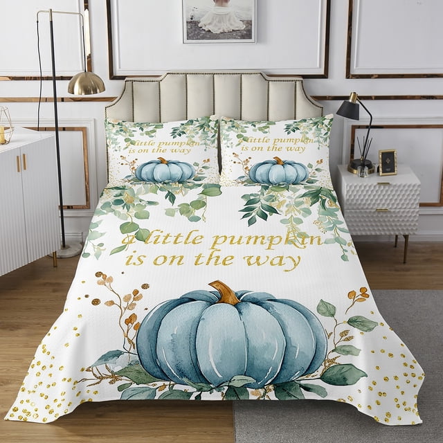 YST Ensemble de Couvre-Lit Citrouille d'Automne Format Simple, Ensemble de Courtepointe Feuilles d'Eucalyptus d'Automne pour Enfants Ados Adultes, Ensemble de Dessus-de-Lit Récolte de l'Action de Grâce Paillettes Dorées Ensemble de Lit Campagnard Déco Rustique de Ferme