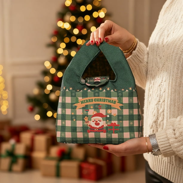 Bolsa de regalo navideña de lona | Bolsa de mano con asa resistente | Bolsa para envolver regalos navideños en rojo y verde | Bolsa reutilizable de tela para dulces navideños | Almacenamiento de