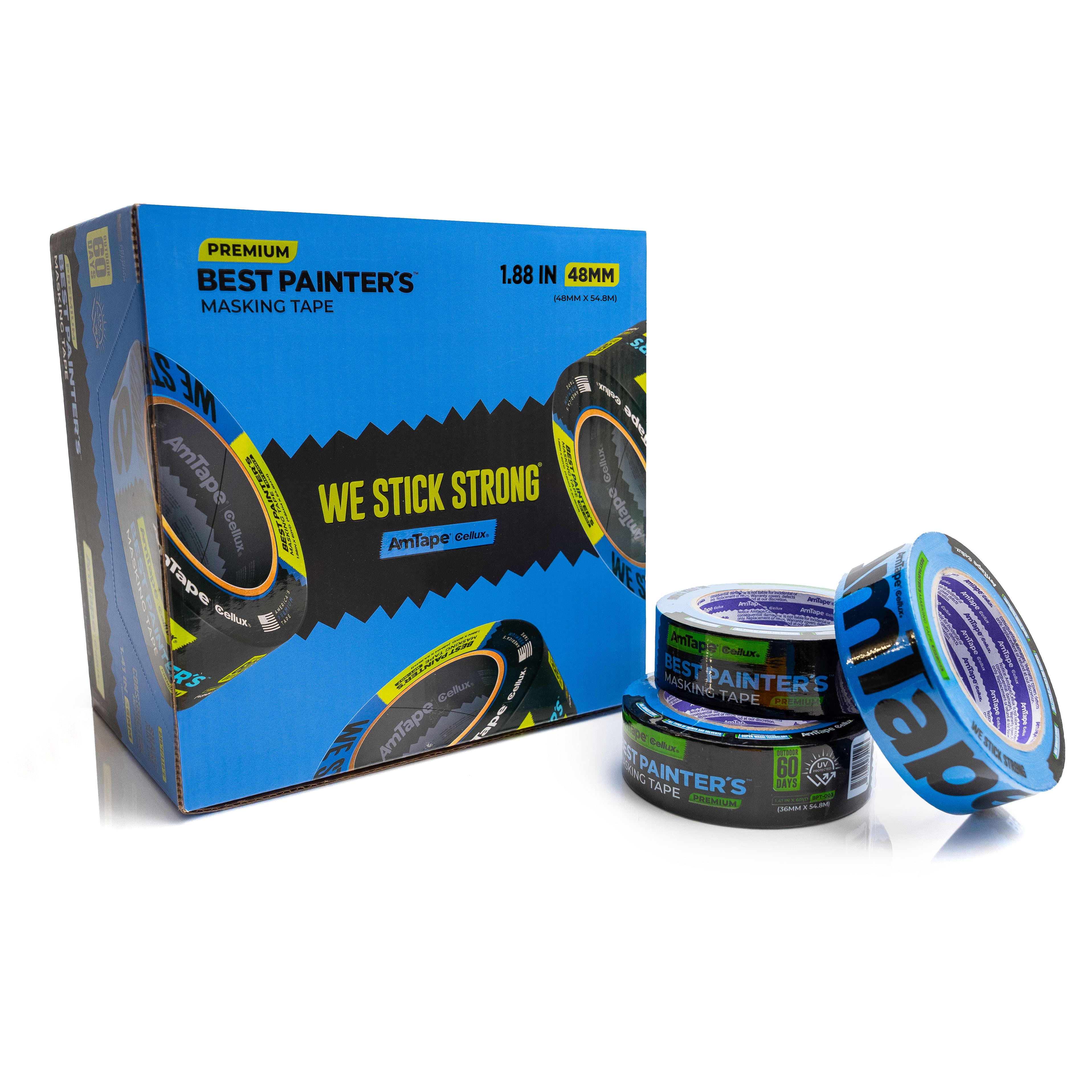 AmTape Best Painter’s Masking Tape, Solvent & Moisture Resistant, 60-Day Clean Removal, Super Washi Painter’s Tape for Walls, Ceilings & Trim, Blue, 2" Case 12 rolls