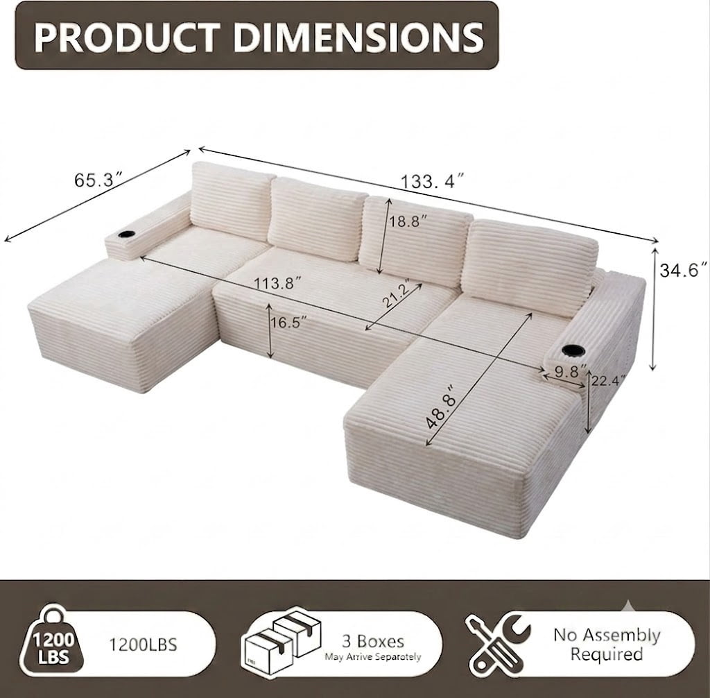 EPOWP 133" Modular Cloud Couch Sectional Sofa, U-Shaped Oversized Sofa with Chaise, Boneless Deep Seat Corduroy Couch with Memory Foam, Cup Holders & Side Pockets, No Assembly Required，Beige