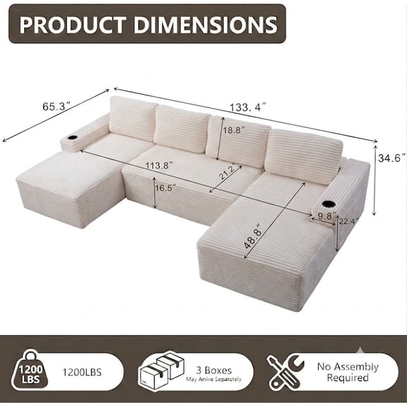 Howcool 133" U-Shaped Boneless Cloud Modular Sectional Sofa with Chaise, Vacuum Compressed No Assembly Corduroy Couch, Deep Memory Foam Seats with Cup Holders & Side Pockets for Living Room