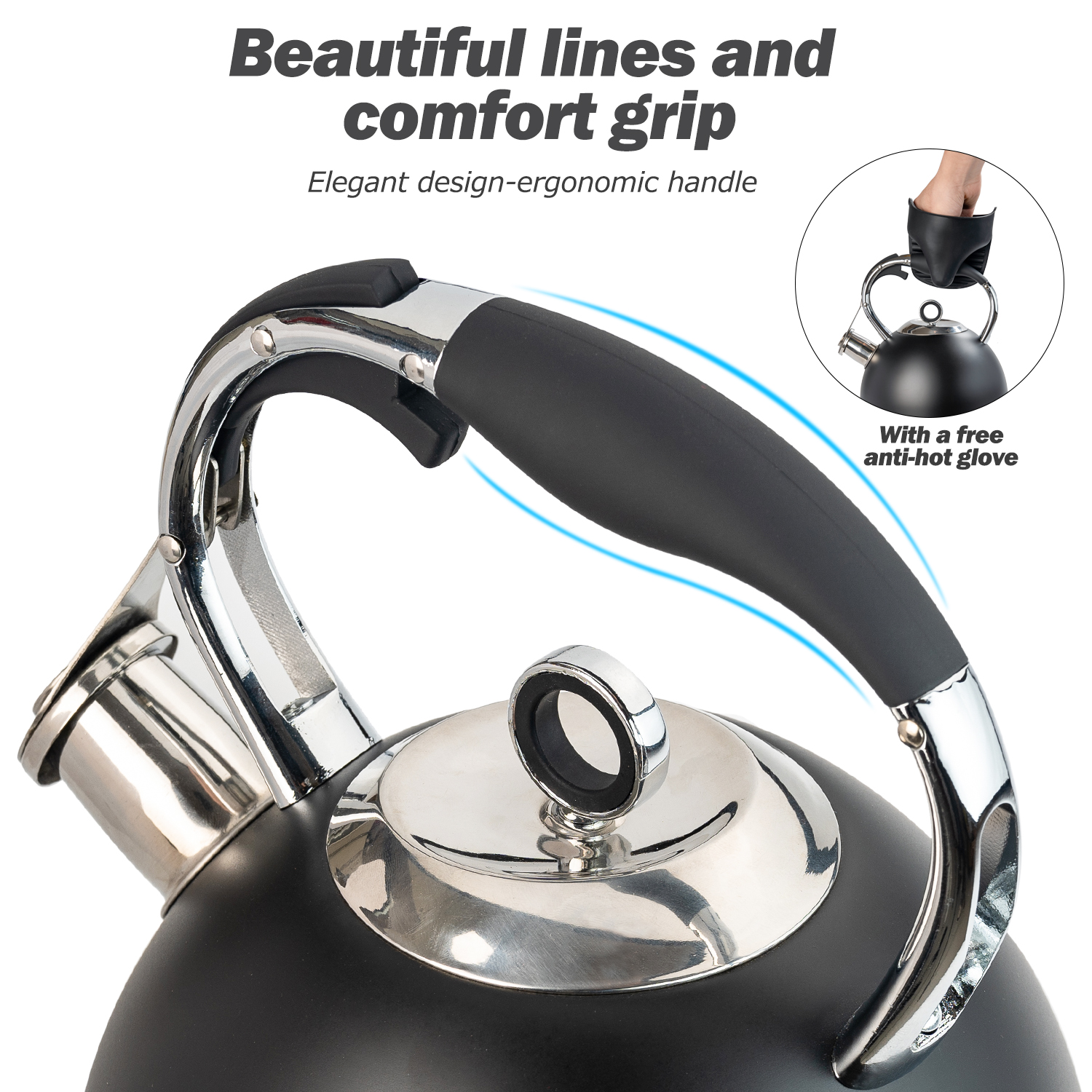 Tea Kettle for Stovetop, 3 Quart Loud Whistling Teapot with Cool Grip Ergonomic Handle Food Grade Stainless Steel Teakettle for Tea, Coffee (Black) - image 5 of 7
