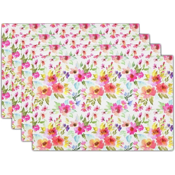 Spring Summer Floral Placemats Set of 4 12x18 Inch Watercolor Flowers Place Non-Slip Mat Heat-Resistant Washable Wipeable Linen Fabric Table Mat for Table Kitchen Dining Home Decor