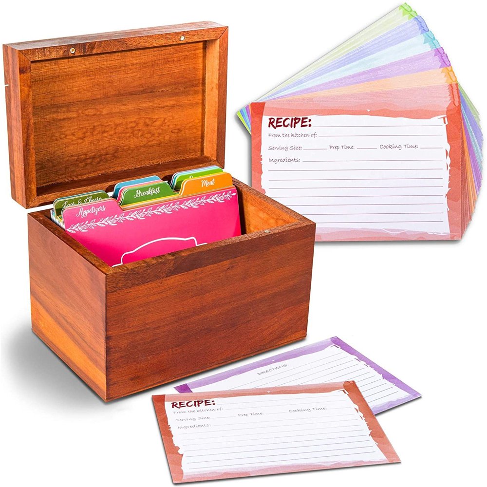 Acacia Wood Recipe Organization Box with 60 Recipe Cards and 24 Divider