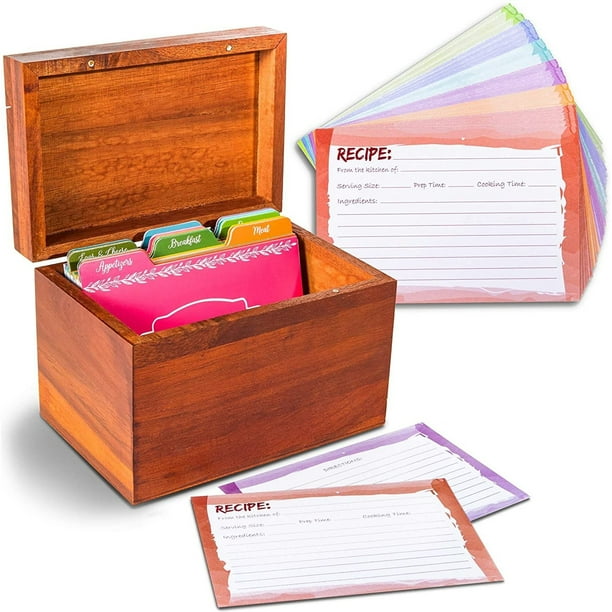 Acacia Wood Recipe Organization Box with 60 Recipe Cards and 24 Divider