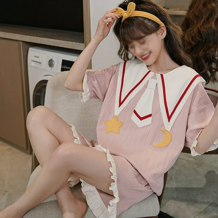

QWZNDZG 2 Pieces Set kimono Sleepwear for Women Sweet Cute Girl Pajamas Set Sleep Tops shorts Female Summer Nightwear Pjs Home (Color : B Size : Medium)