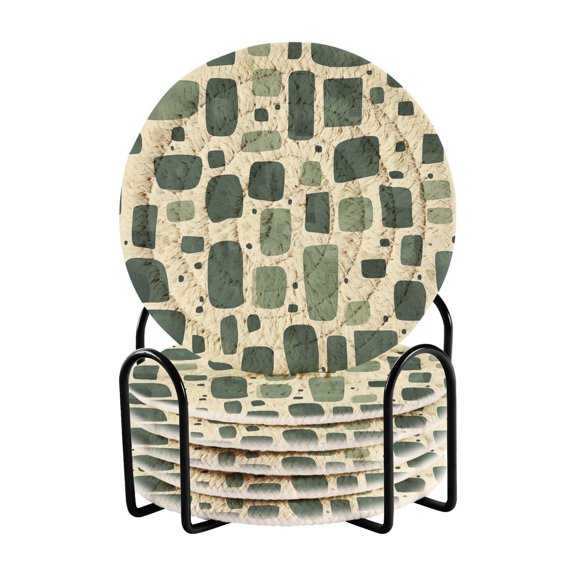 Yayeee 6 PCS Drink Coasters with Holder Set Woven Absorbent Round Tabletop Hot Pad, Green Geometric