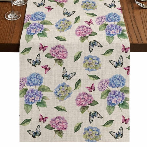 Pink Blue Hydrangea 36 Inch Table Runner, Spring Summer Botanical Flowers Farmhouse Dresser Scarf Cotton & Linen Tablerunner for Dining/Kitchen Island/Holiday Party Décor Small 13" x 36"
