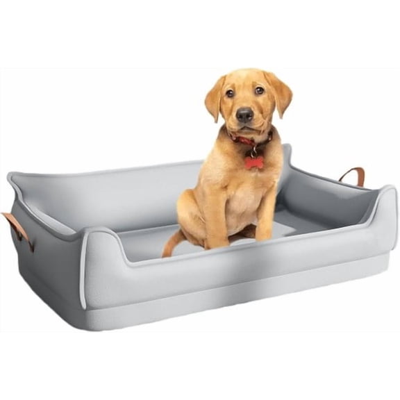 ShadeMart Light Grey Leather Dog Bed Sofa, Small Orthopedic Pet Couch with U-Shaped Bolster, Removable Waterproof Cover & Non-Slip Bottom