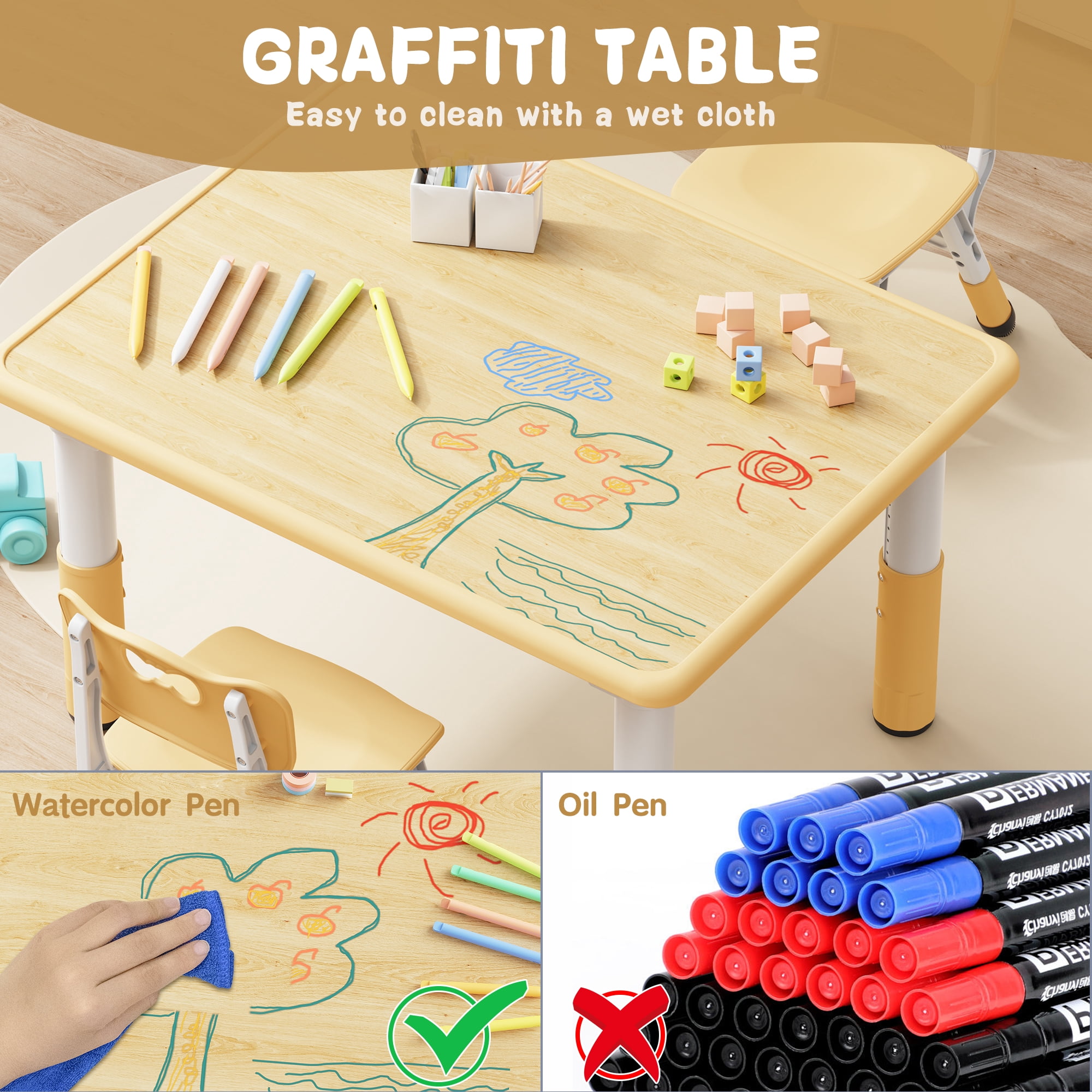 Kids Table and 2 Chairs Set, Height Adjustable Toddler Table and Chair Set, Graffiti Desktop, Classroom/Daycare/Home, Children Multi-Activity Table for Ages 2-8