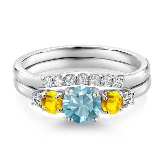 Gem Stone King 10K White Gold Blue Zircon Yellow Sapphire and White Lab Grown Diamond 5 Stone Bridal Engagement Wedding Ring Set for Women (1.23 Cttw, Round: 5MM and 3MM, Size 5)
