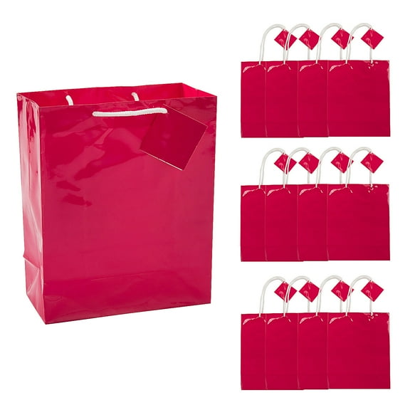 Fun Express 7 1/2" x 9" Medium Pink Paper Gift Bags with Tags - 12 Pieces