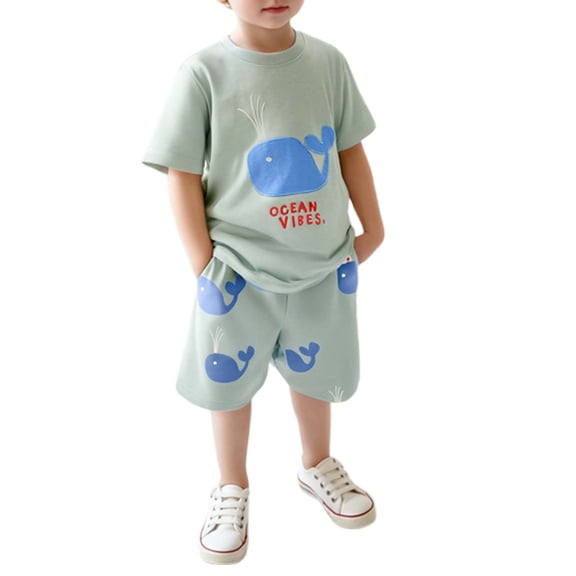 Hiijoy Toddler Boys Outfits Whale Print Short Sleeve T Shirt & Shorts Set, Sizes 3-4T