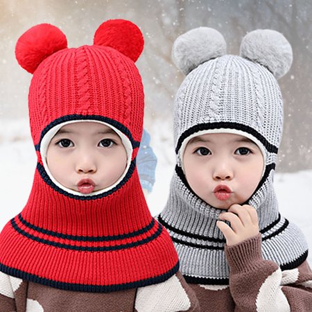 

Baby Winter Double Pompom Warm Hat Knitted Cap One Piece Earmuff Neck Gaiter